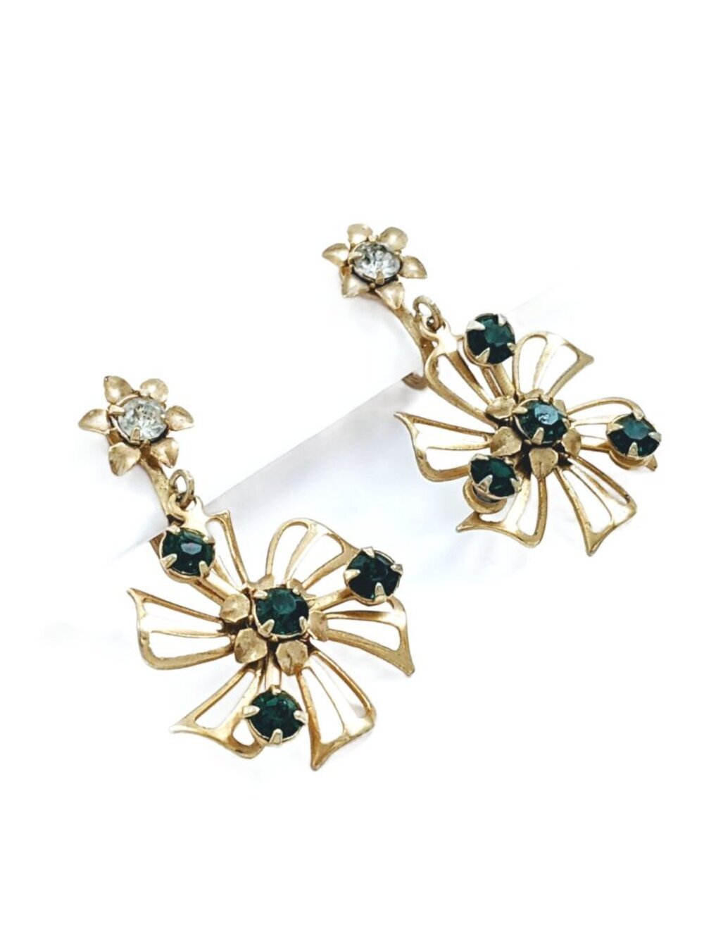 Vintage Green Floral Dangle Screw Back Earrings Gold Tone Mid Century